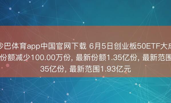 沙巴体育app中国官网下载 6月5日创业板50ETF大成(159298)份额减少100.00万份, 最新份额1.35亿份, 最新范围1.93亿元